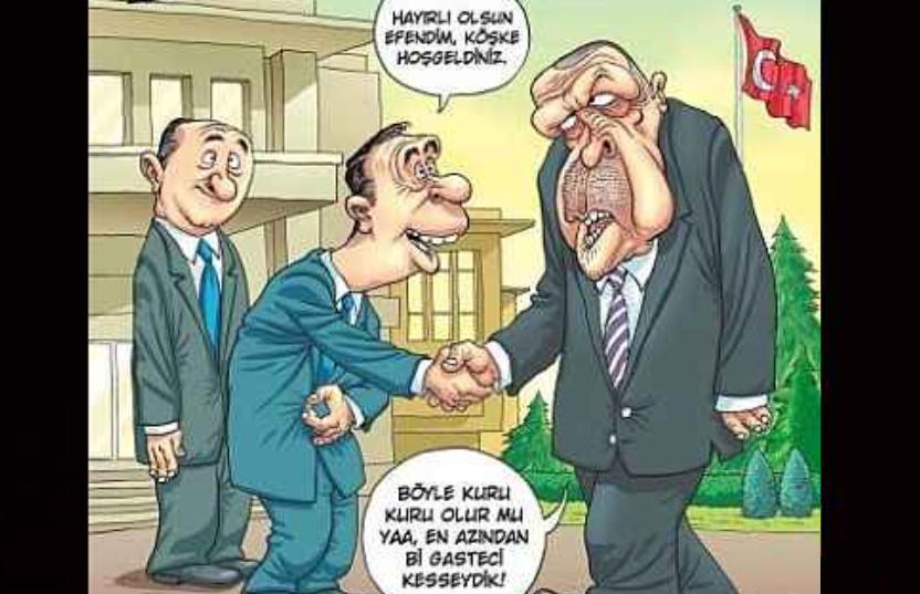 Erdoğan karikatürde:  “Böyle kuru kuru olur mu ya? En azından bi gazeteci kesseydik”