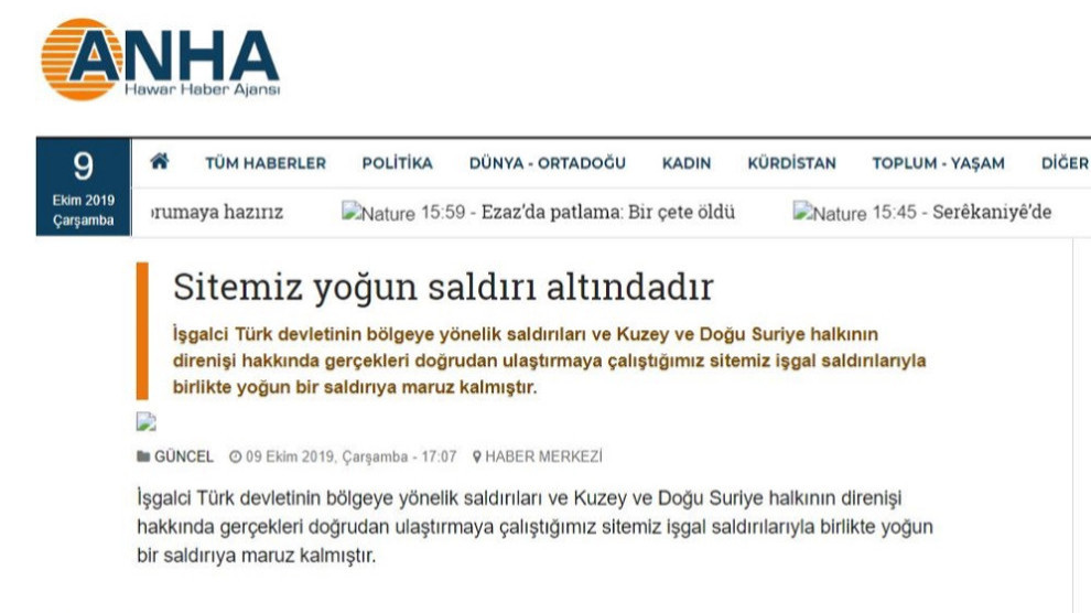 Во время операции в Сирии курдская новостная служба ANHA взломана турецкими хакерами