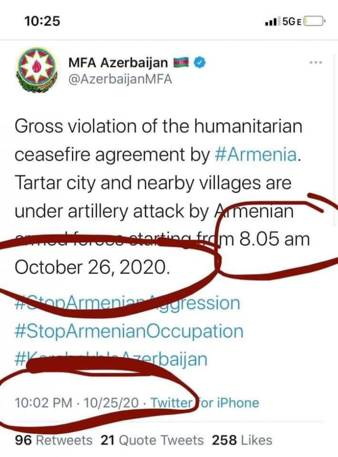 Azerbaycan ateşkesten bir gün önce ‘Ermeni tarafının ateşkesi ihlal ettiğni’ duyurdu (foto)