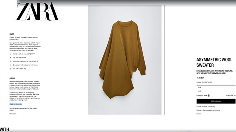 "ZARA" bu yıl sonbahar-kış koleksiyonuna Ermenistan'da üretilen giysilere de yer verdi