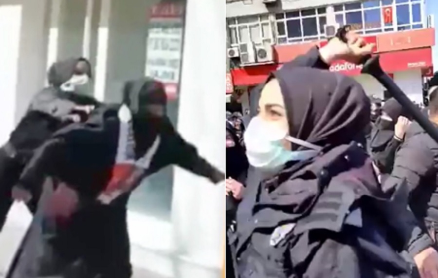 Թուրքիայում գլխաշորով կին ոստիկանը մահակով հարվածում է կին ցուցարարի (տեսանյութ)