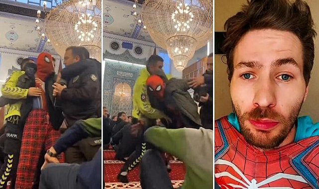 'Örümcek Adam'' İskenderun'da bayram namazı kılarken camiden çıkarıldı (Video)